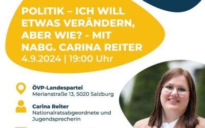 JVP Next: Politik – ich will etwas verändern, aber wie? Mit unserer NAbg. Carina Reiter